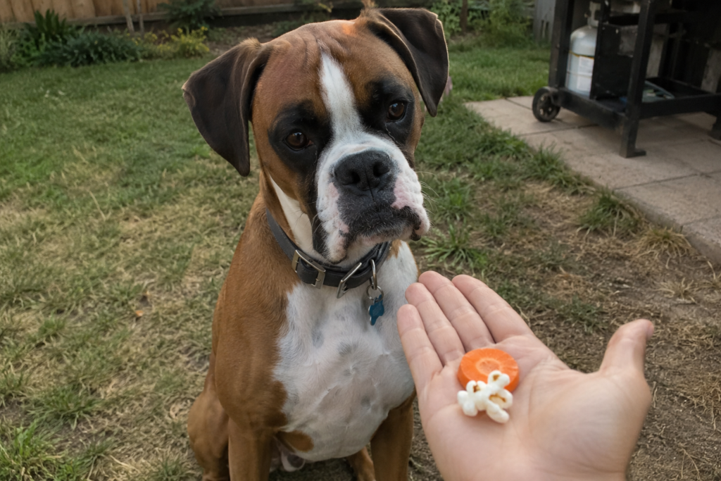 Boxer dog being offered carrot and popcorn as a safe snack alternative in a backyard