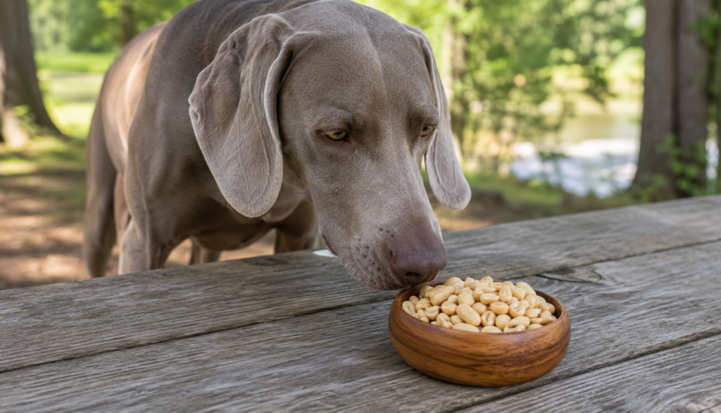 "Weimaraner sniffing a bowl of shelled peanuts outdoors"