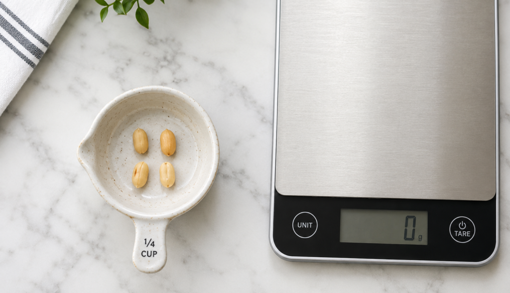 "Measured peanut portion for dog serving size on kitchen scale"