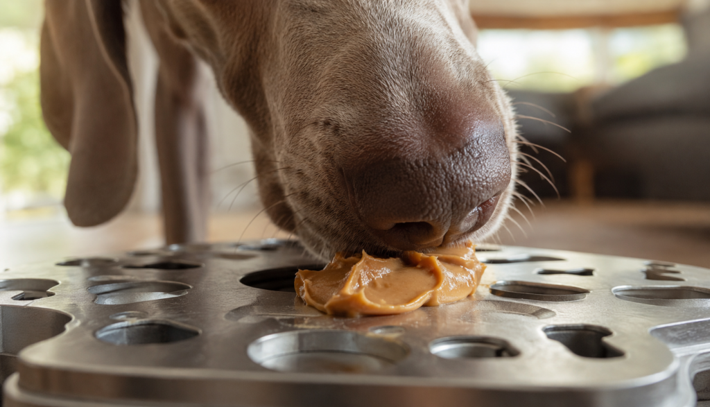 "Weimaraner nose close to peanut butter on a puzzle toy"