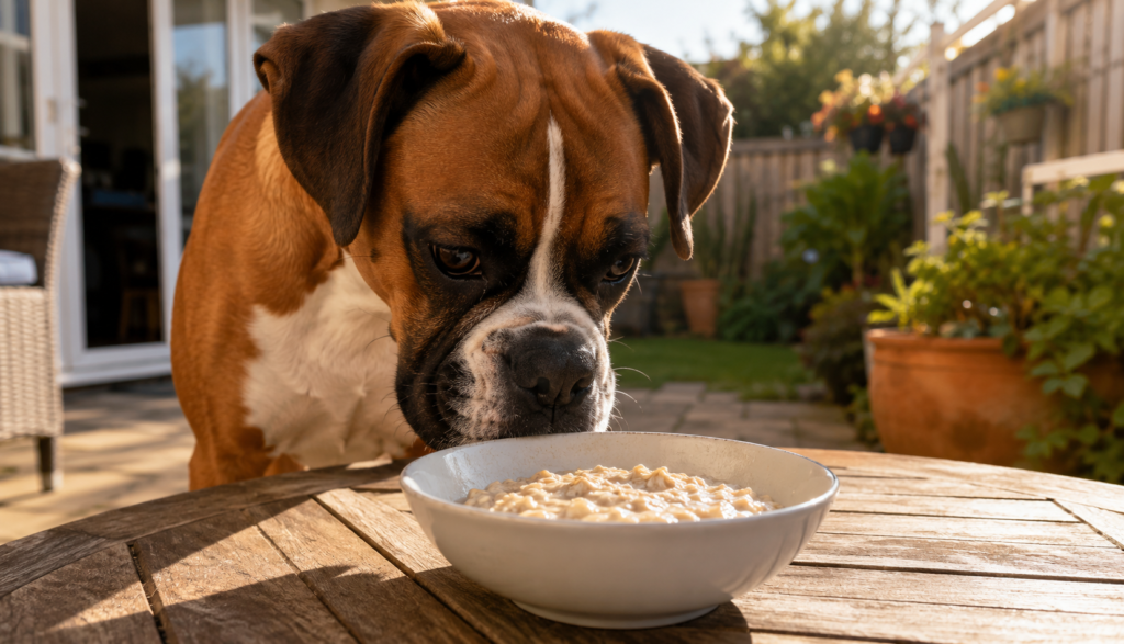 Boxer dog sniffing a bowl of plain cooked oatmeal outdoors