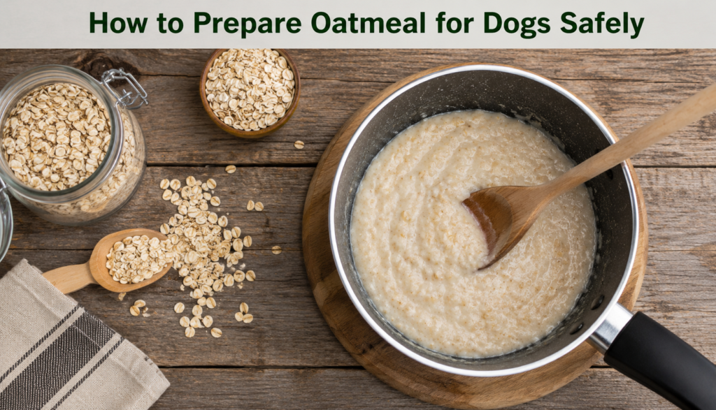 Plain oatmeal cooking in a saucepan for dog-safe preparation