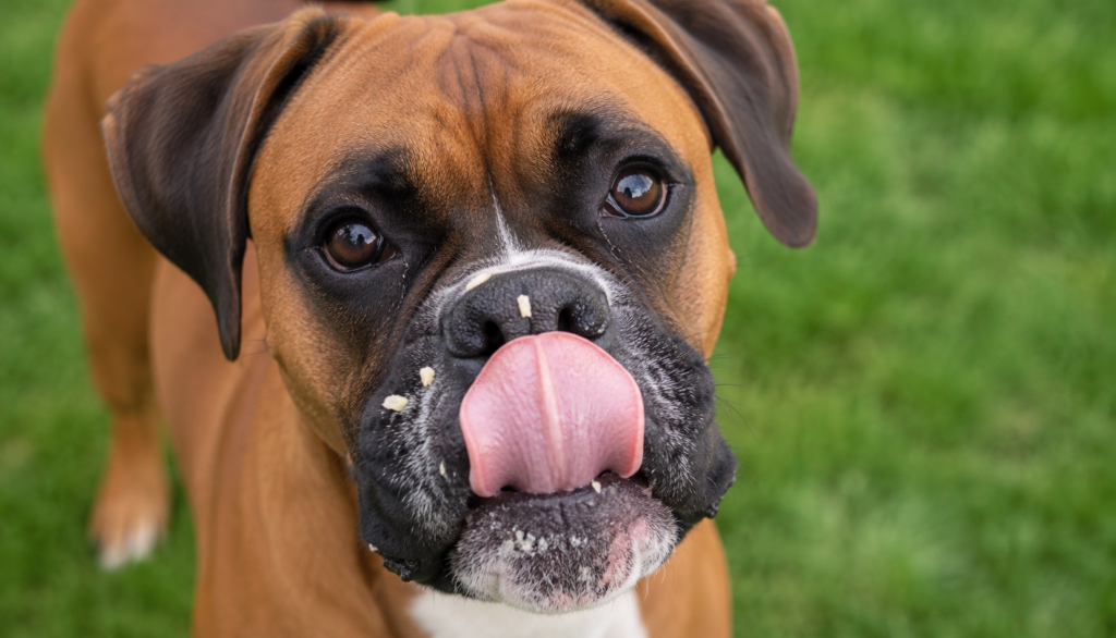 Boxer dog with oatmeal on its snout after eating a safe portion