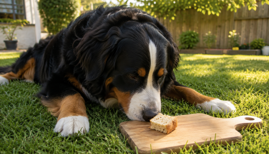"Bernese Mountain Dog sniffing a small piece of bread on a cutting board outdoors"