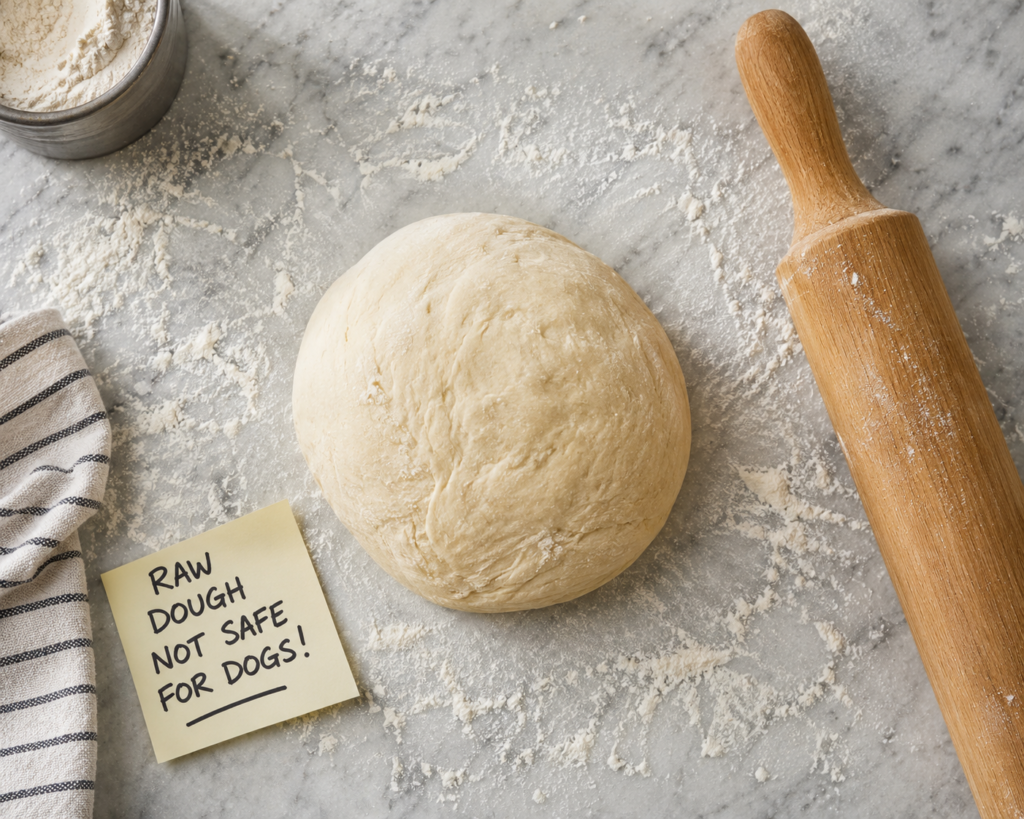 "Raw bread dough on a floured kitchen counter, a hidden danger for dogs"
