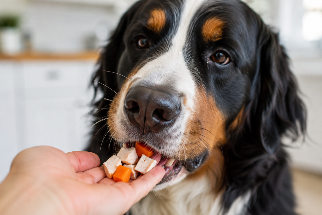 "Bernese Mountain Dog eating a healthy chicken and carrot treat instead of bread"