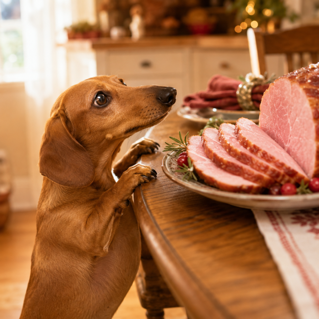 Eager Dachshund reaching toward holiday ham plate on table