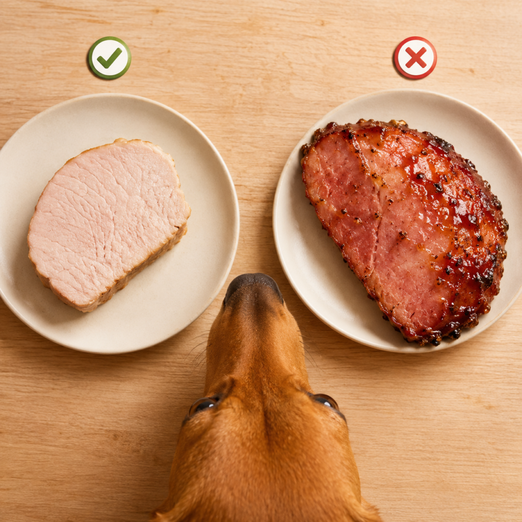 Plain pork beside glazed honey baked ham showing dog risk