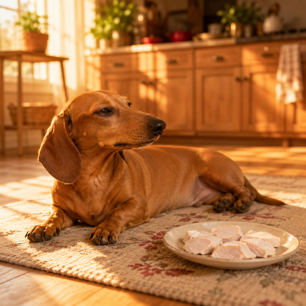 Relaxed Dachshund resting near safer plain chicken alternative