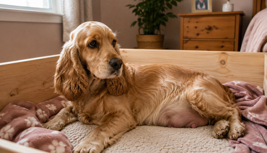 "Cocker Spaniel resting in whelping box showing signs of labor"