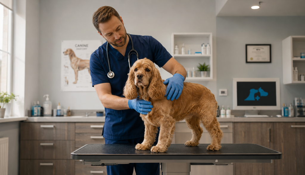 ChatGPT Image Jul 31, 2026, 10_40_13 PM "Veterinarian examining pregnant Cocker Spaniel at vet clinic"