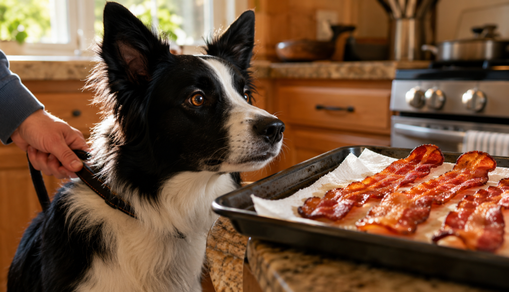 Alert Border Collie restrained from reaching sizzling bacon strips