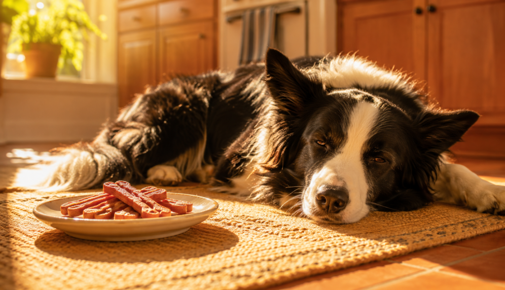 Relaxed Border Collie beside safer bacon-flavored dog treats