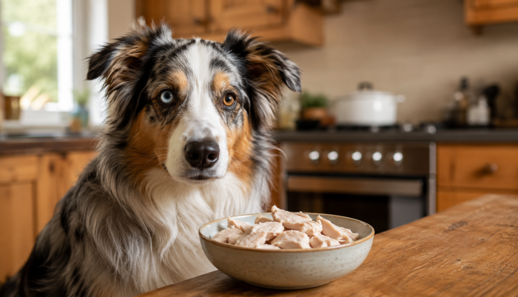 Attentive Australian Shepherd beside bowl of plain boiled chicken