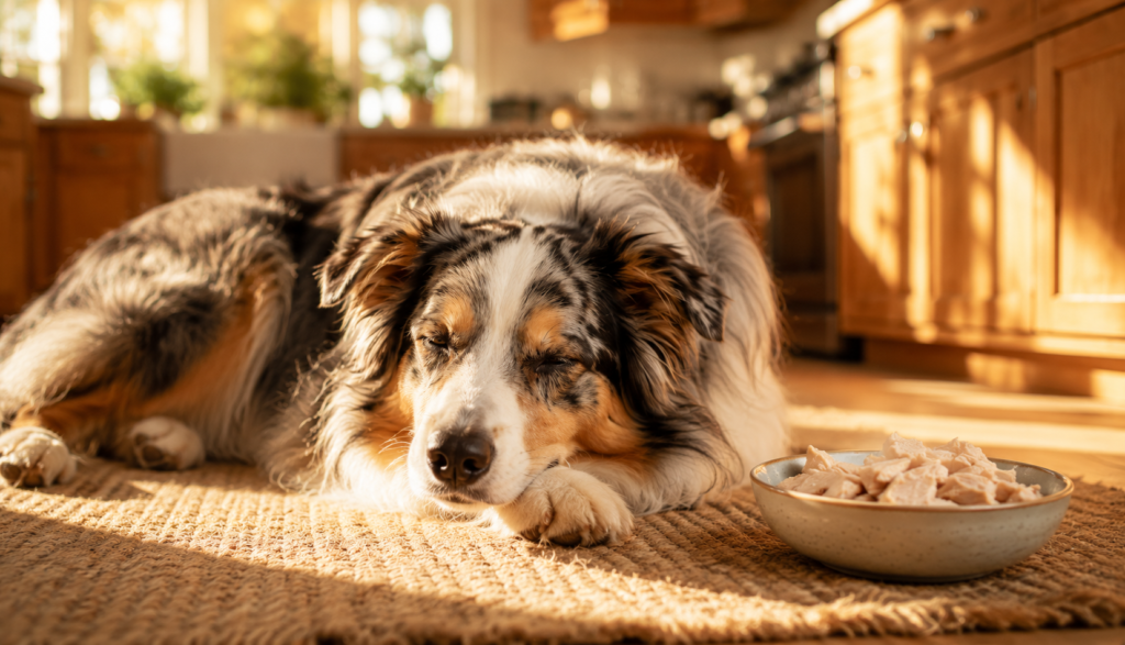 Relaxed Australian Shepherd resting near plain boiled chicken bowl