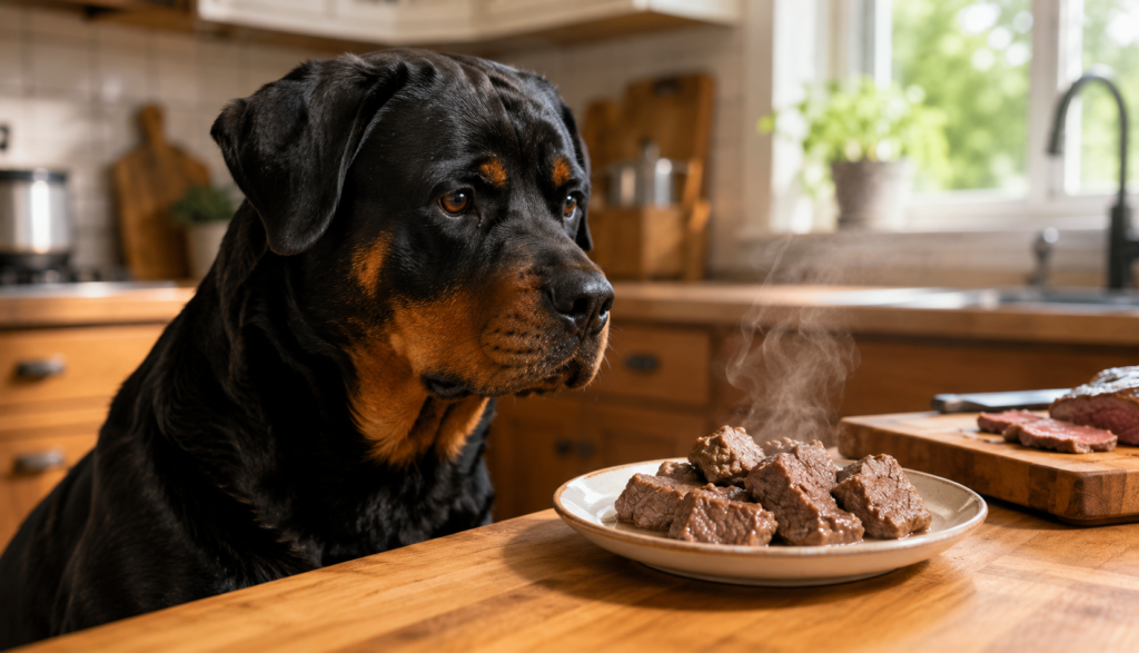 Focused Rottweiler beside plate of plain cooked lean beef