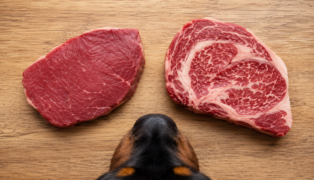 Lean sirloin beside fatty ribeye showing pancreatitis risk