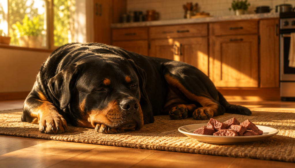 Relaxed Rottweiler resting near plate of plain cooked beef