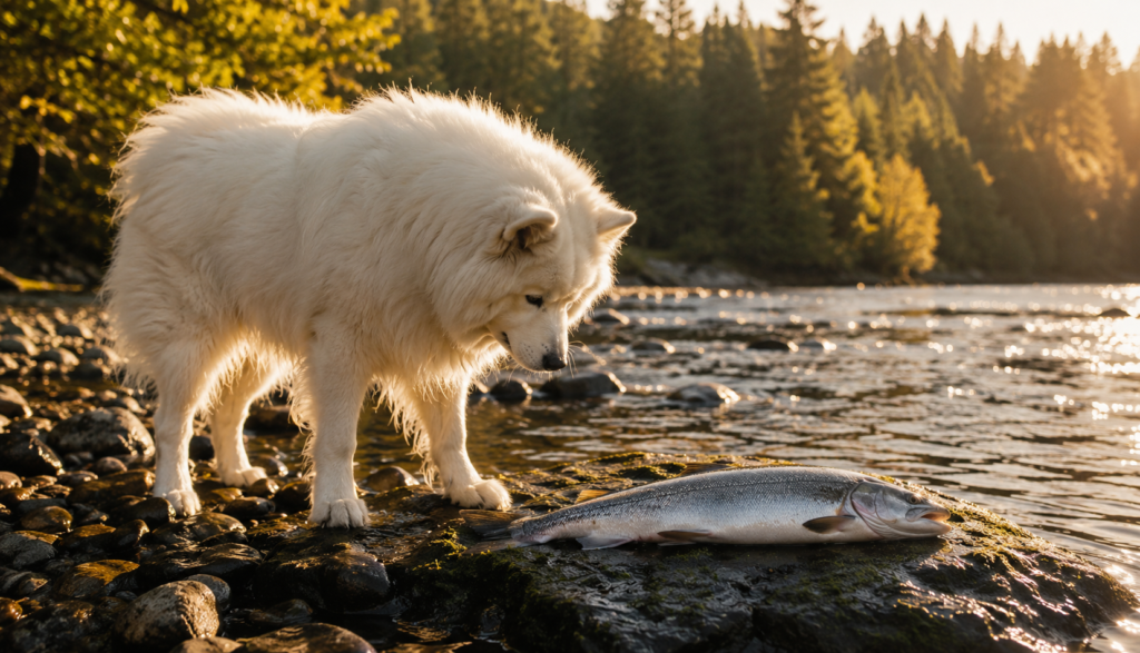 Samoyed dog curiously watching fresh salmon on riverside rock