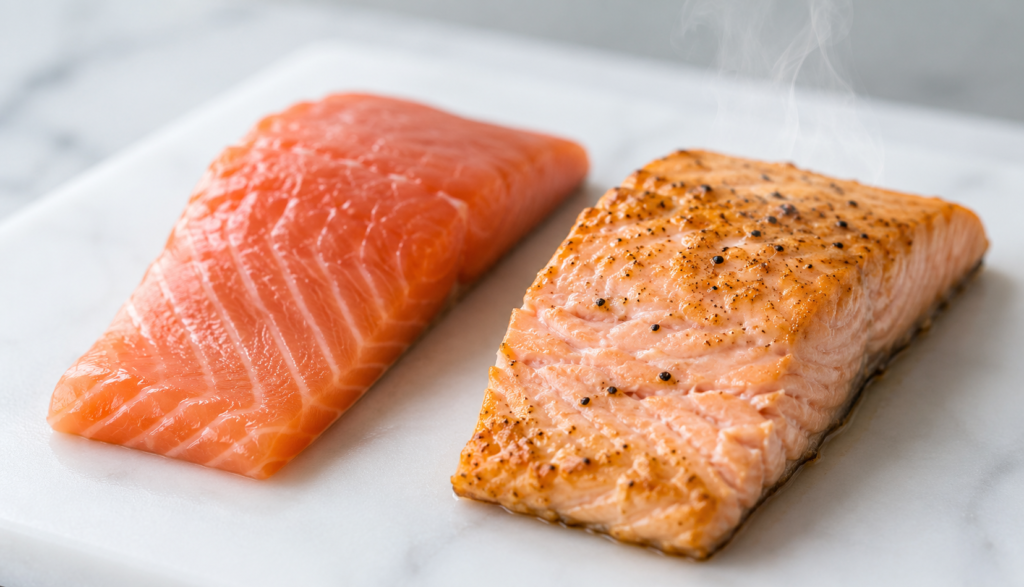 Raw versus cooked salmon fillet macro comparison close-up