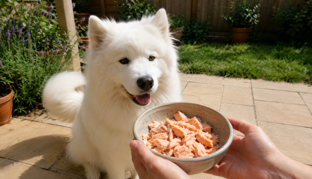 Samoyed tail wagging as owner offers plain cooked salmon bowl