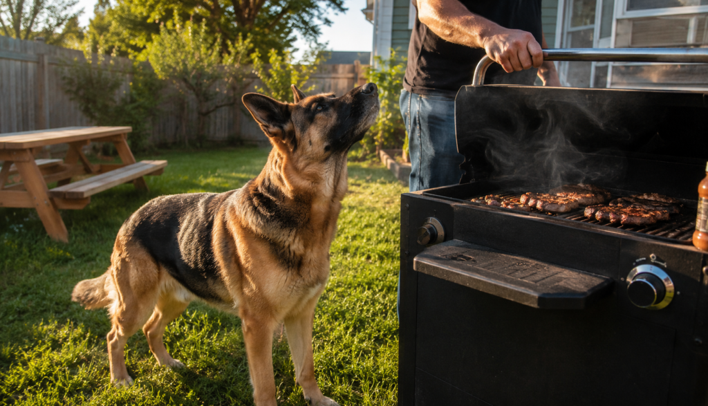 German Shepherd sniffing summer barbecue grill outdoors
