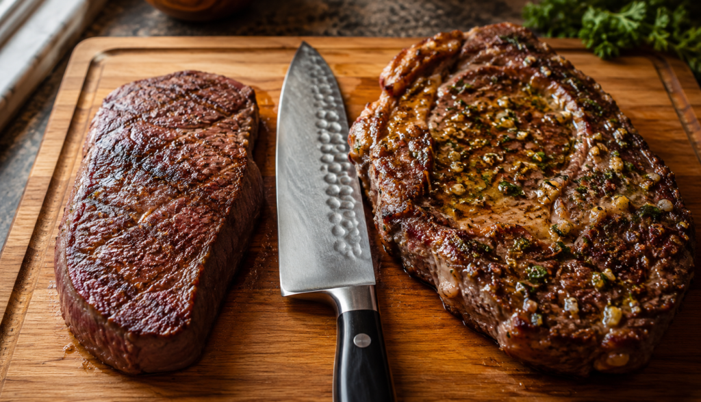 Plain sirloin versus garlic butter marinade ribeye comparison