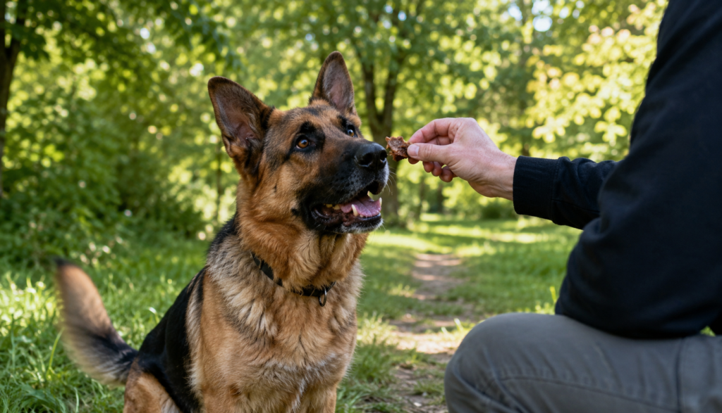 German Shepherd receiving plain steak treat in sunny park