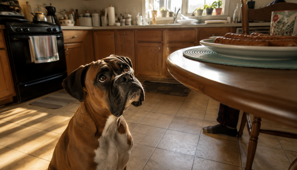 Boxer dog gazing up longingly at breakfast sausage on table