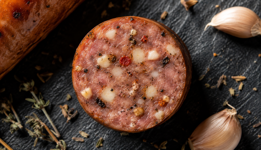 Close-up sausage cross-section showing garlic seasoning inside