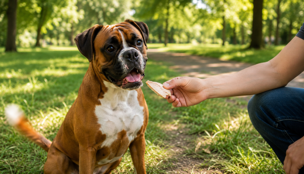 Boxer happily accepting plain chicken treat in sunny park