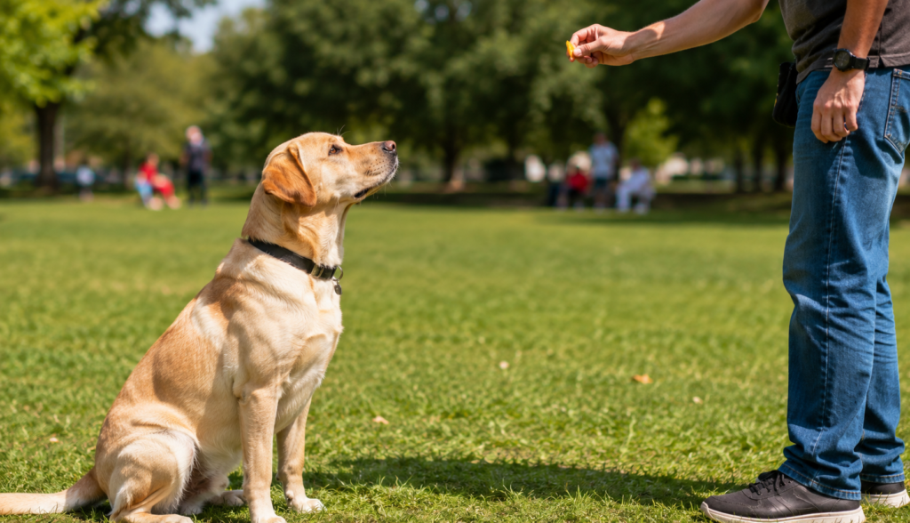 Labrador focused on cheese during outdoor park training session