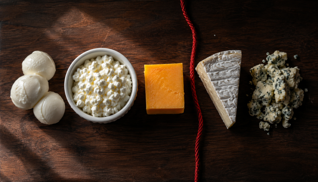 Cheese variety lineup showing safe types and risky blue cheese