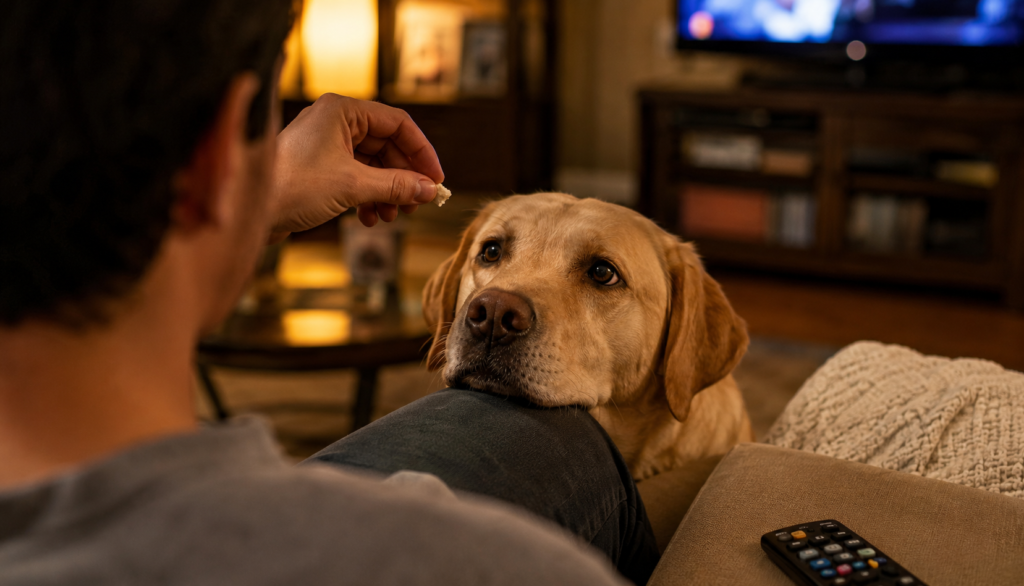 Labrador resting chin on knee receiving tiny mozzarella treat