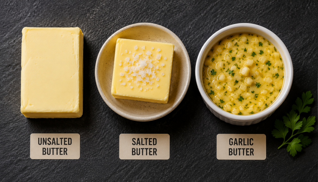 Plain butter salted butter and garlic butter comparison overhead
