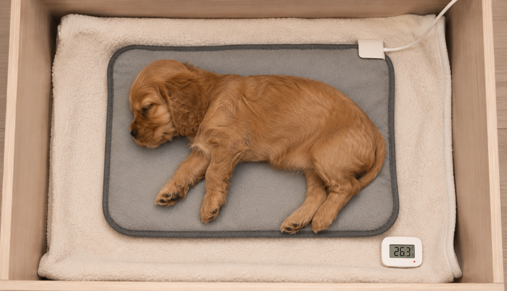 "Cocker Spaniel puppy resting on a heated nursery pad"