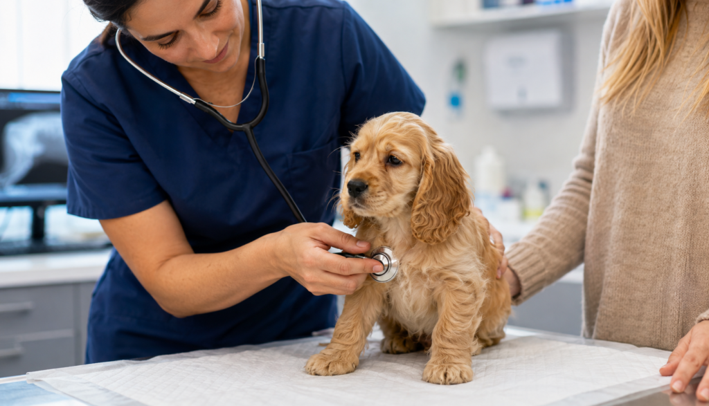 "Cocker Spaniel puppy being examined at a vet clinic"