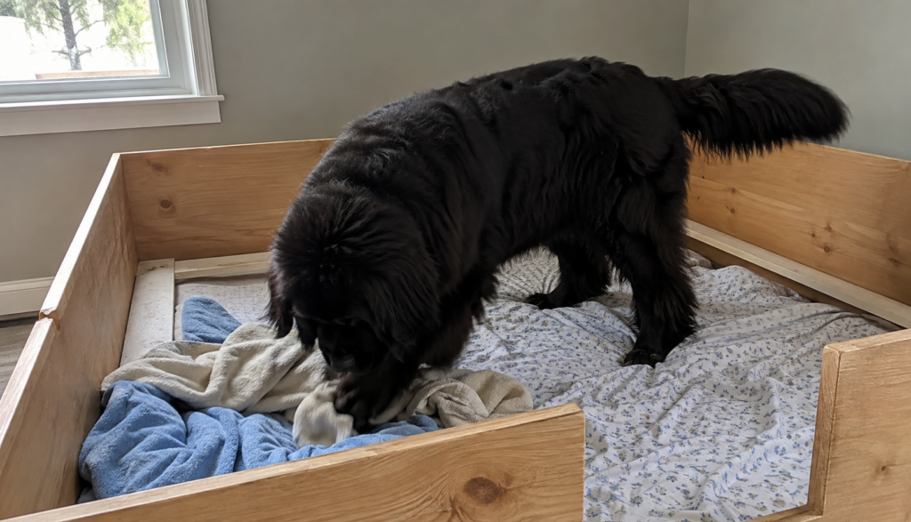 "Newfoundland dog showing restless nesting behavior before labor begins"