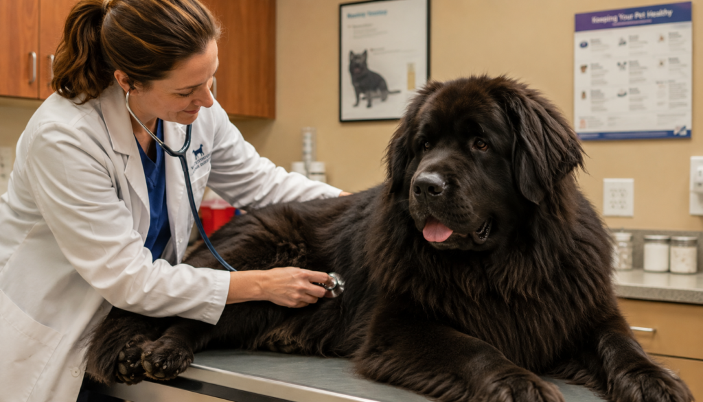 "Newfoundland dog receiving a postpartum checkup at the vet clinic"