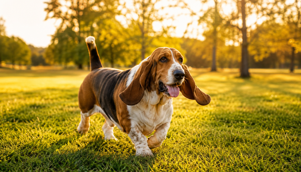 "Basset Hound playing outdoors in a grassy park on a sunny afternoon"