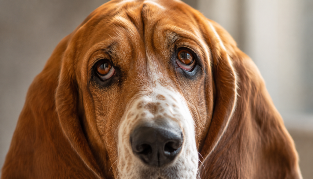 "Close-up portrait of a Basset Hound's face showing alert, gentle expression"