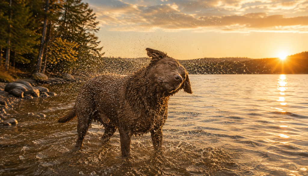 Chesapeake Bay Retriever shaking off water at a lake, showing deep brown coat