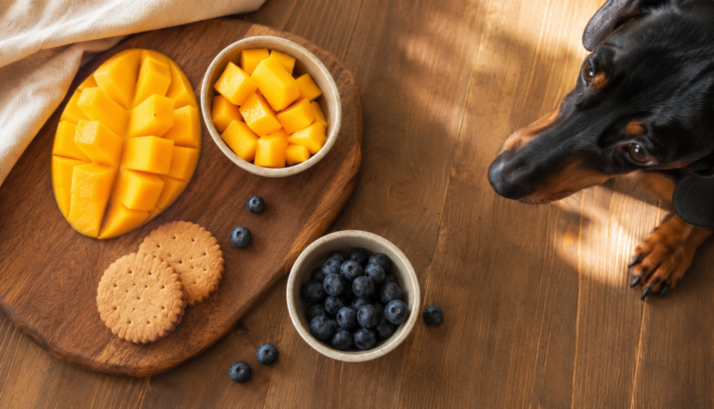 Flat lay of fruit and dessert foods like mango, biscuits, and berries with a small dachshund puppy figurine-style toy beside them