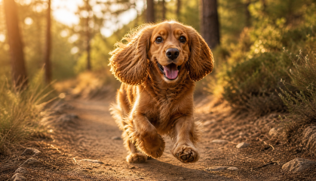 Cocker Spaniel walking along a sunlit hiking trail with ears flowing