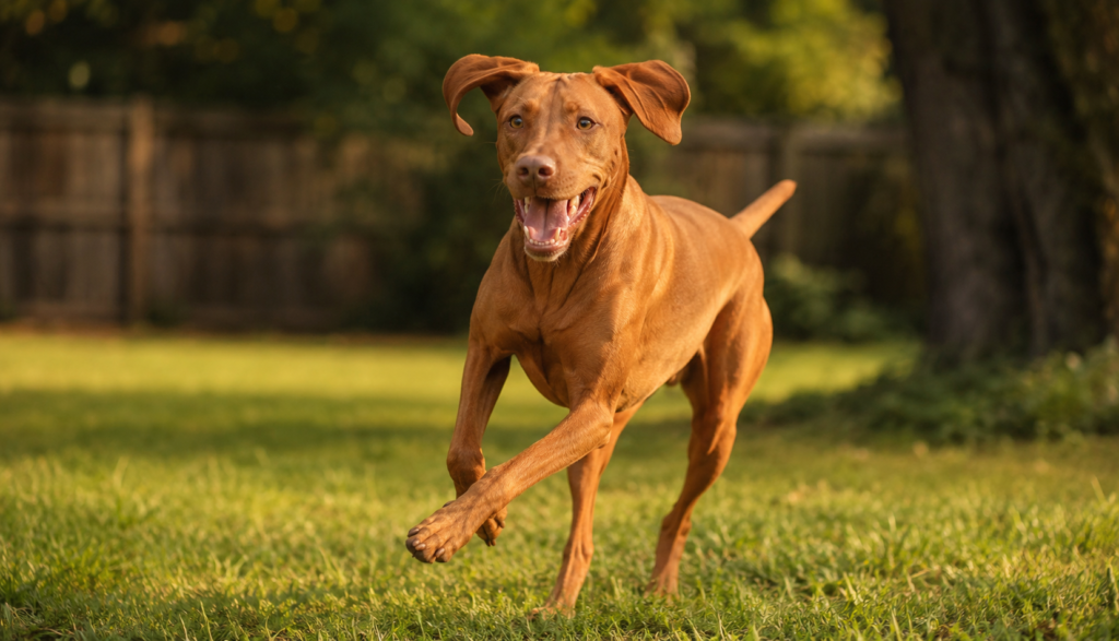 Vizsla running happily across a backyard, a popular choice for boy dog names