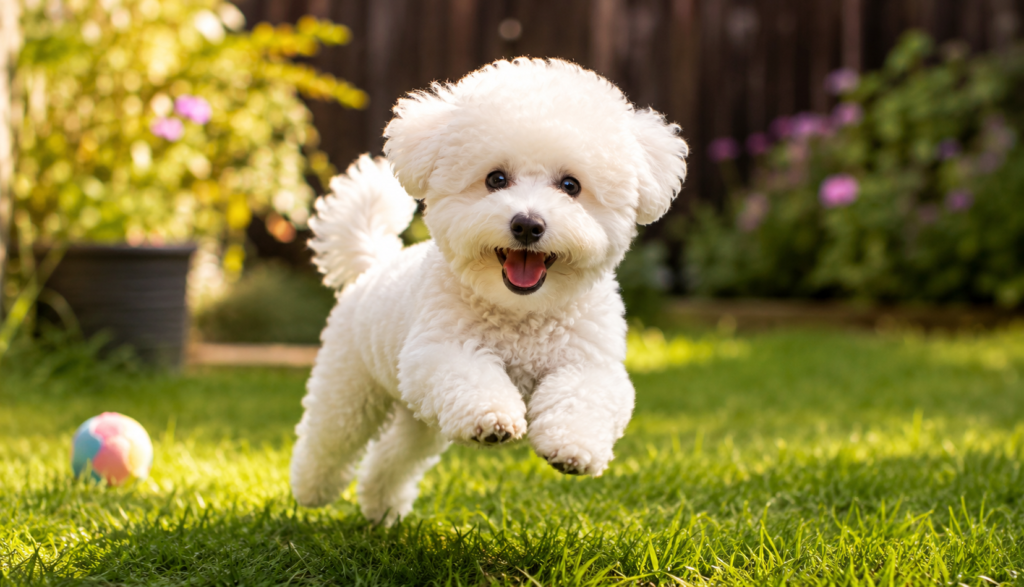 Fluffy white Bichon Frise puppy playing outdoors in a sunny backyard