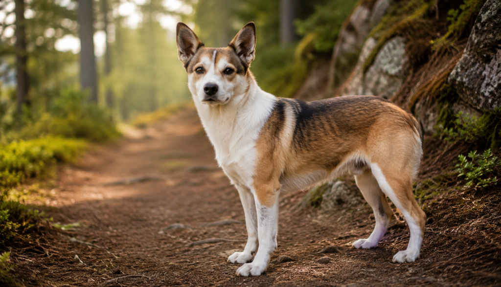 Norwegian Lundehund standing alert on a hiking trail, representing healthy dog lifespan