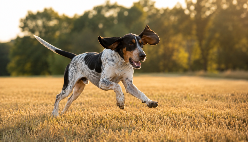 American English Coonhound running outdoors, representing an adult dog's active life stage