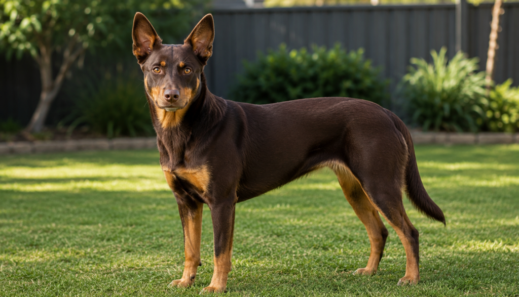 Healthy, alert Australian Kelpie standing outdoors, representing a dog acting normal despite mild stomach upset