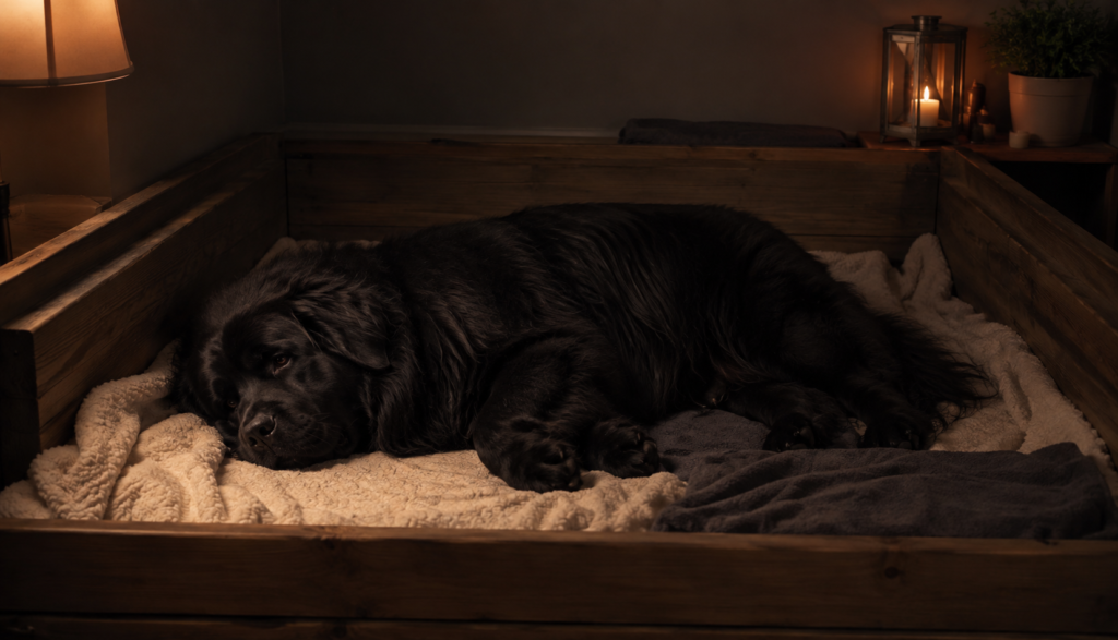 ChatGPT Image Aug 3, 2026, 06_02_32 PM : "Newfoundland resting in a whelping box, preparing to nest before labor."